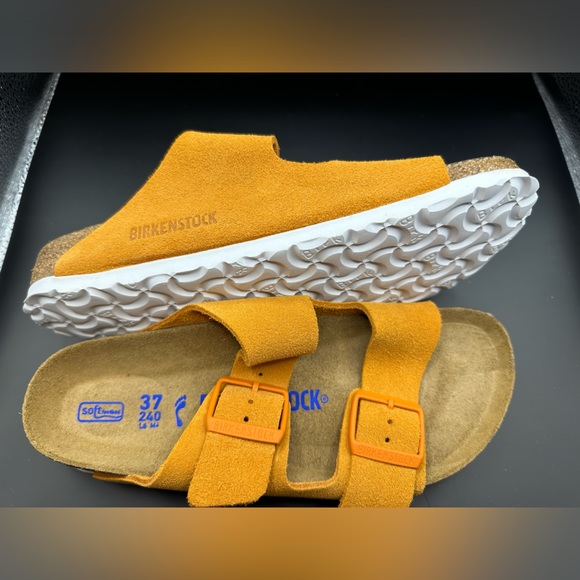 New! BIRKENSTOCK Arizona Women's Soft Bed Suede Mules Yellow Orange Size US 6 - Picture 7 of 16
